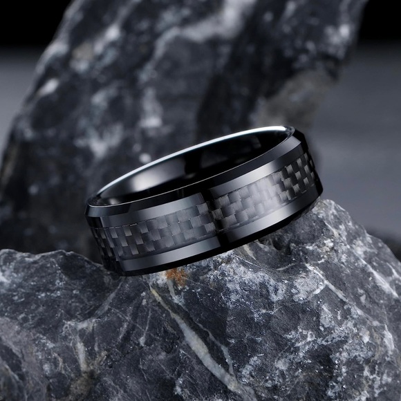 Black Tungsten Men’s Ring with black square carbon fiber inlay, 8mm - Picture 2 of 4